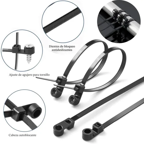 Vista 3 de Bridas de cremallera negras de 8 pulgadas con agujero de tornillo, bridas de cable resistentes para cables de 75 libras con cabeza montable