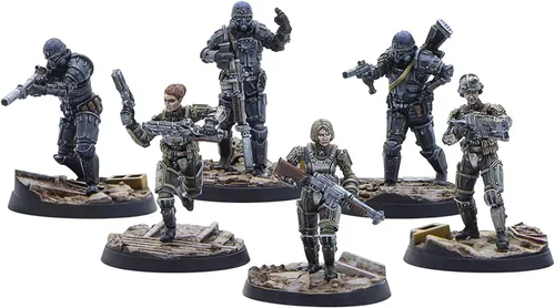 Vista 2 de Modiphius Entertainment Ltd Fallout Wasteland Warfare: Brotherhood of Steel - Patrulla de Combate - 6 miniaturas, sin pintar, figura de 1.260 in, RPG