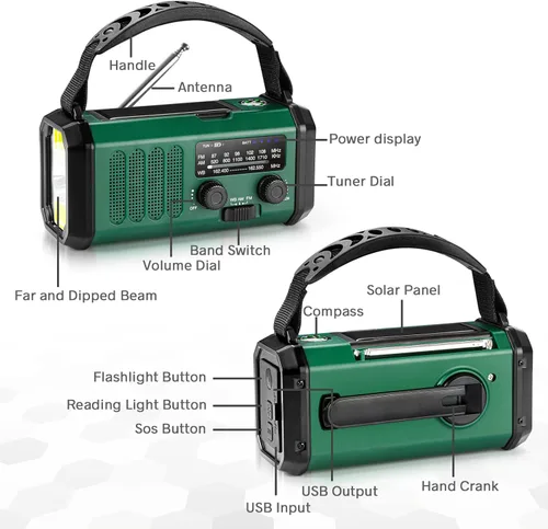 Vista 6 de Radio de emergencia con manivela de 10000 mAh, radio meteorológica NOAA con radio AM/FM y solar, batería recargable, linterna y luz de lectura