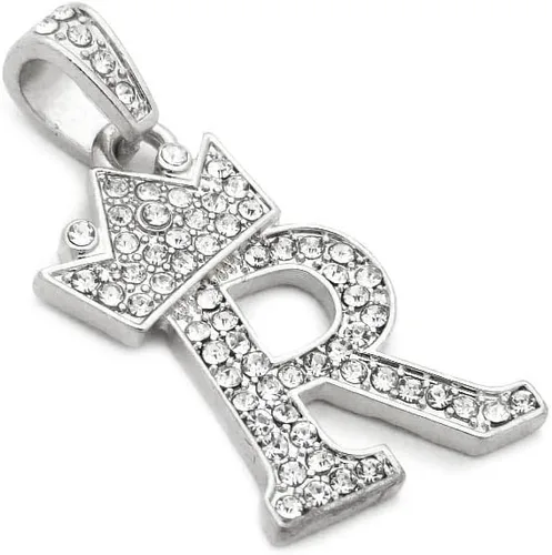Vista 7 de Colgante empedrado de letra inicial con corona, pequeño de 0.12 pulgadas y unisex, collar de cadena cubana de 24 pulgadas en oro, tono plata.