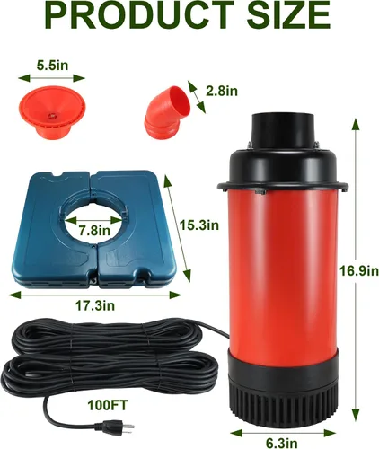 Vista 6 de Aireador de fuente de estanque 1HP, 750 W, 15000 GPH, 110 V-120 V, bomba de fuente de agua flotante con cable de alimentación de 100 pies, color Rojo