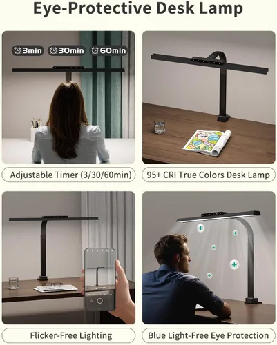 Vista 6 de Lámpara de escritorio con abrazadera para oficina en casa, luz brillante de 24 W con adaptador Touch Control Computer Lights, Flexible Gooseneck