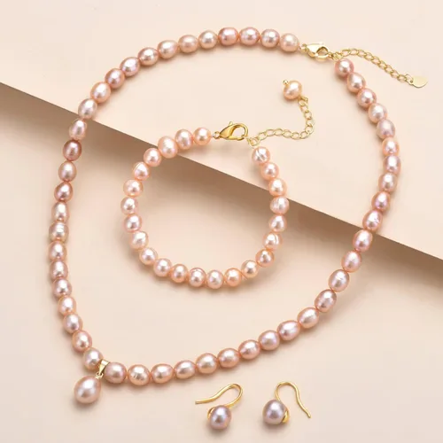 Vista 3 de CACULE Juego de collar y pulsera de perlas de agua dulce, Latón, Perla sintética