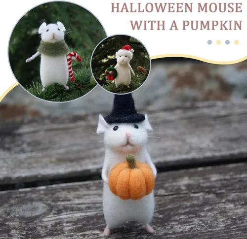 Vista 2 de DABATO Ratón de Halloween con una calabaza, adorno de ratón navideño de fieltro de lana hecho a mano, con aguja, calabaza, animales, decoración