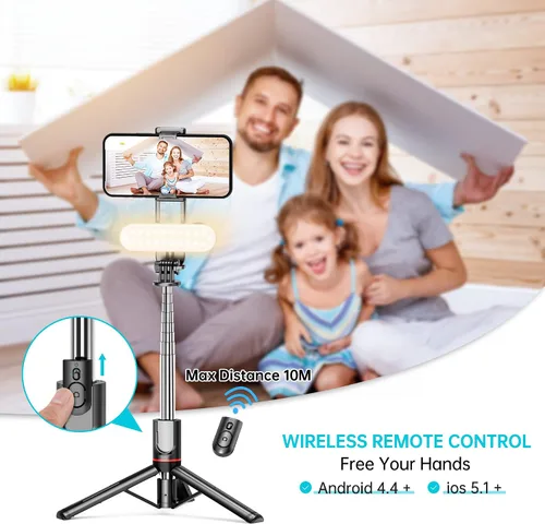 Vista 4 de Trípode estable para selfie stick con luz de relleno, palo selfie extensible de 44 pulgadas con control remoto inalámbrico y soporte de trípode