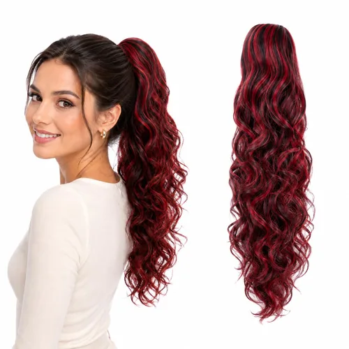 Vista 18 de CAISHA Extensiones de cola de caballo de 18 pulgadas, voluminosas, onduladas, marrón ceniza, mezcla de rubio claro PH35