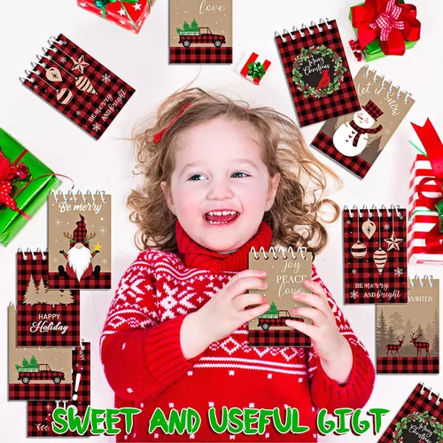 Vista 6 de Funrous 24 Piezas Mini Blocs de Notas en Espiral de Navidad, Tema Navideño de Cuadros Búfalo, Mini Bloc de Notas Pequeño con Patrón de Muñeco