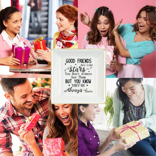 Vista 3 de NatuBeau Regalos para amigas para mujeres, plato de cerámica para anillos con texto en inglés "Good Friends are Like Stars", bandeja de joyería