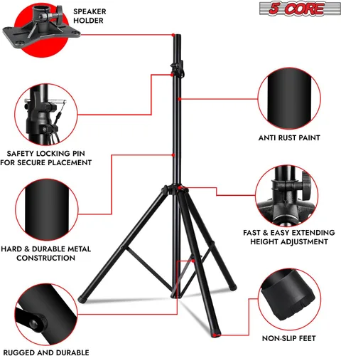 Vista 8 de 5 Core Soporte de altavoz de montaje universal, construcción de acero, 132 libras, trípode estable Capcity con altura ajustable de 72 pulgadas