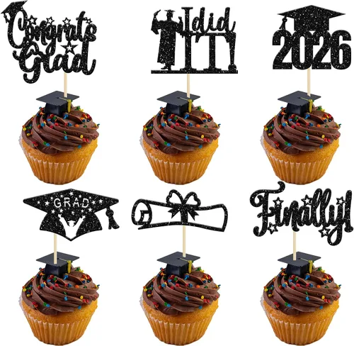Vista 37 de Paquete de 24 adornos para cupcakes de clase 2026 con purpurina 2026 Felicidades Graduación Diploma Done Cupcake Picks 2026 Graduación Temática