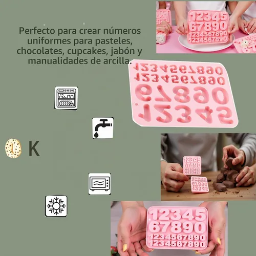 Vista 5 de Paquete de 2 moldes de silicona para números, 30 cavidades, medianos y pequeños, de 0 a 9 dígitos para hornear, chocolate, dulces, cupcake, jabón