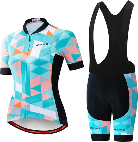 Vista 122 de Camiseta de ciclismo para mujer, manga corta y pantalones cortos de ciclismo acolchados para verano