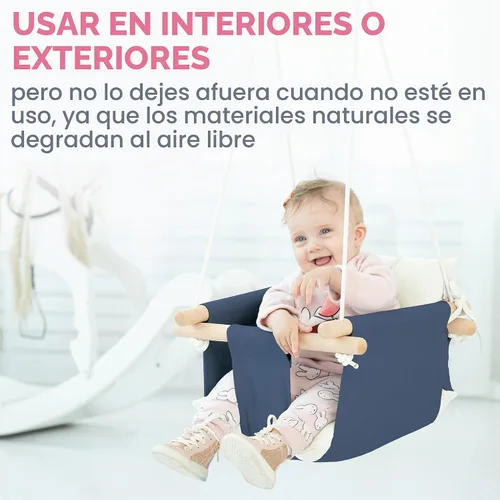 Vista 8 de CaTeam - Columpio de lona para bebé, silla colgante de madera con cinturón de seguridad, silla de columpio para bebé duradera, columpio