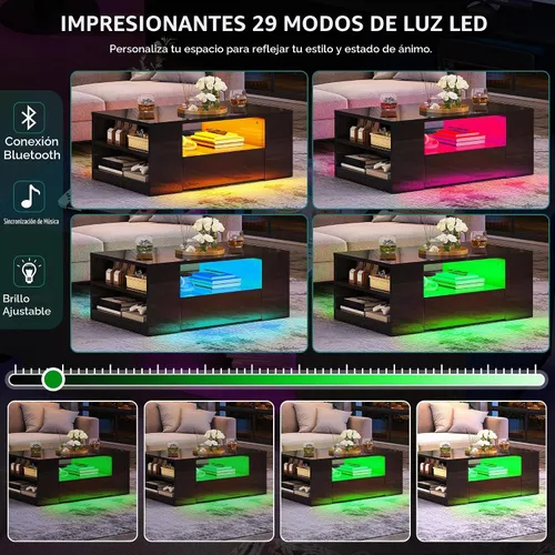 Vista 7 de YITAHOME Mesas de centro LED modernas para sala de estar, mesa de centro de alto brillo con 2 cajones de almacenamiento y estantes abiertos
