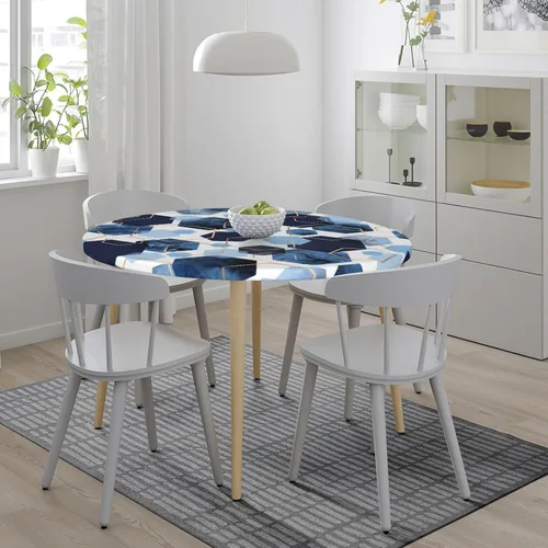 Vista 3 de Mantel redondo geométrico azul y blanco con bordes elásticos para mesas de hasta 45 a 50 pulgadas de diámetro