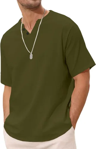 Vista 7 de Angbater Camiseta casual de lino Henley de manga corta para hombre, camiseta hippie de playa, camiseta ligera tropical para verano