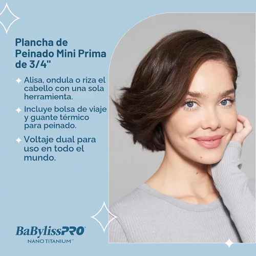 Vista 2 de BaBylissPRO Nano Titanium Prima2000 Ionic Styling Iron, 3/4" stainless steel travel/mini iron, all hair types