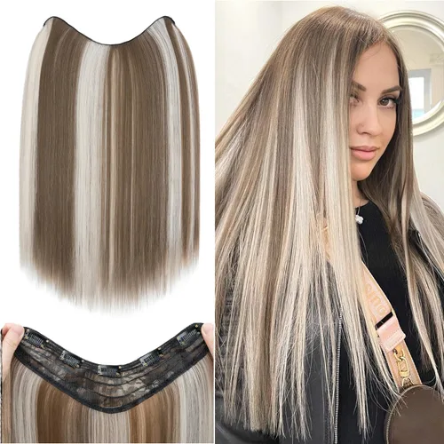 Vista 52 de S-noilite Extensiones de cabello de una pieza con clip, color rubio balayage de 18 pulgadas, en forma de U, extensiones de cabello de trama de una