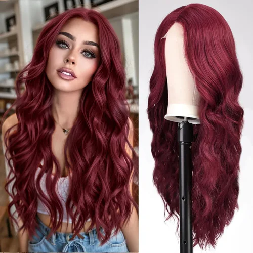 Vista 8 de EMMOR Peluca larga y ondulada marrón mixta para mujer, pelucas de encaje frontal, aspecto natural, 26 pulgadas, parte media, peluca rizada