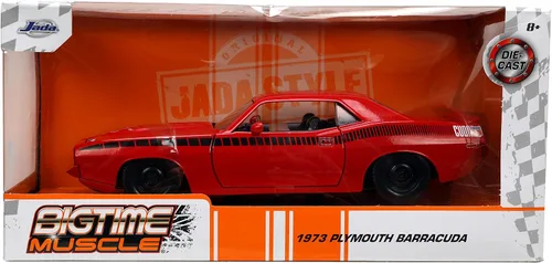 Vista 2 de Jada Toys Big Time Muscle 1:24 1973 Plymouth Barracuda - Coche fundido a presión rojo/negro, juguetes para niños y adultos