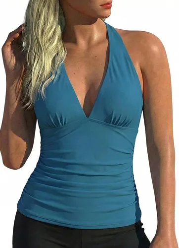 Vista 8 de Hilor - Parte superior de tankini para natación, con cuello profundo en V y halter, drapeado, para mujer Amaranto