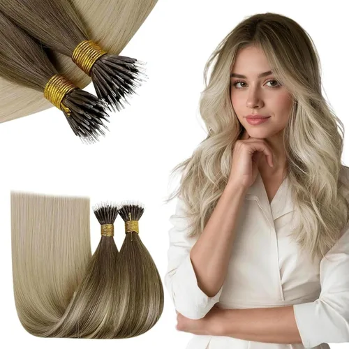Vista 101 de RUNATURE Extensiones de cabello humano con punta en U, color marrón ceniza a rubio platino