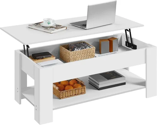 Vista 16 de Yaheetech Mesa de café de madera, mesa de centro con estante de almacenamiento oculto grande, mesa de comedor con superficie elevada para sala