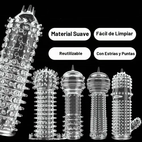 Vista 8 de Funda de silicona para el pene reutilizable, con textura elástica, con tachuelas, juego de mangas elásticas para el pene, anillos para el pene
