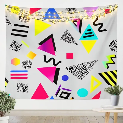 Vista 14 de Tapiz retro de los años 80 y 90, tamaño pequeño de 51 x 59, tapices geométricos abstractos urbanos modernos y colgantes de pared triangulares, arte