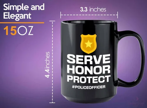 Vista 5 de Taza de café Policeman de 15 onzas, color negro, servir. Honor. Protege, suministros para fiestas de policía, agente de policía, policía