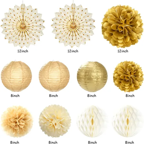 Vista 3 de Beige-Gold Happy Retirement Party Decorations Banner Women Men Huglony 21pcs Retiree Farewell Banner,Streamers,Paper Lanterns,Pom Poms Fans,Work