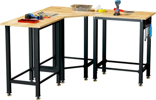 Vista 18 de Betterhood Banco de trabajo de altura ajustable, estación de trabajo resistente con parte superior de madera de goma de 48 pulgadas con tomas