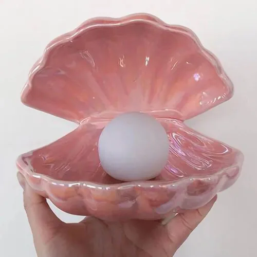 Vista 7 de Koolouispoper Ins Lámpara de noche de concha de cerámica de estilo japonés con perlas de sirena para decoración del hogar, regalo de Navidad (rosa)