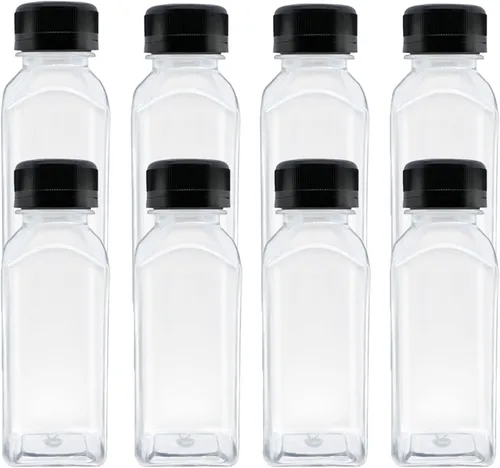 Vista 6 de 8 botellas de plástico para jugo de 8 onzas, botellas transparentes reutilizables, tapa negra Contenedores de bebidas a granel para jugo, leche