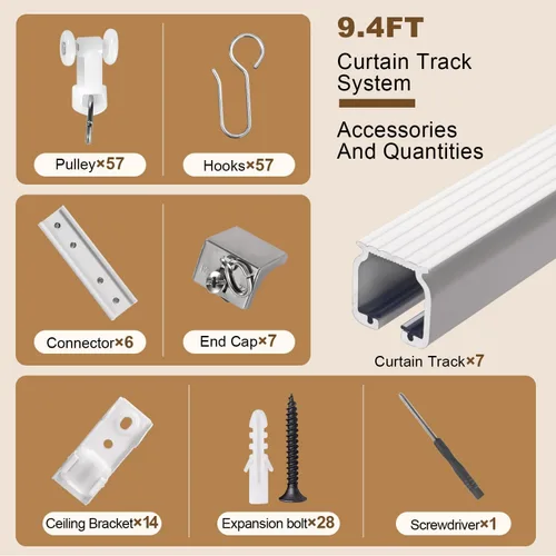 Vista 9 de Riel de cortina de techo resistente de aluminio, sistema de riel divisor de habitación con rodillos silenciosos, longitud ajustable de 1.3 pies a