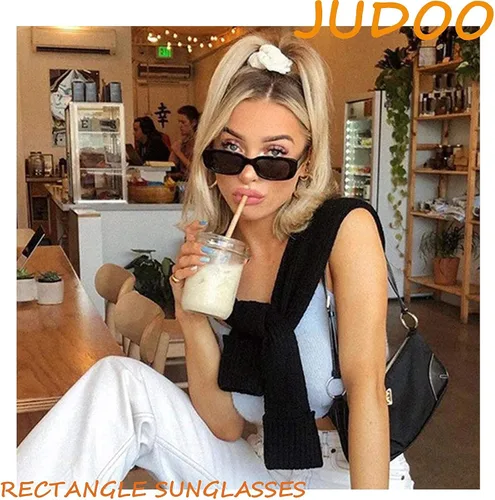 Vista 3 de JUDOO Gafas de sol rectangulares negras para mujer, gafas de sol retro de moda de los años 90, lindas gafas de sol con protección UV400
