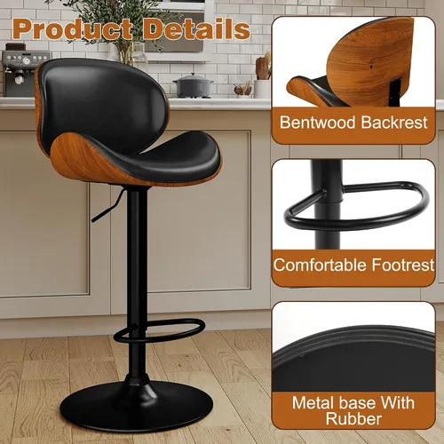 Vista 5 de Juego de 2 taburetes de bar ajustables giratorios de 360°, sillas de bar tapizadas de piel sintética con reposapiés, taburetes de madera para Negro