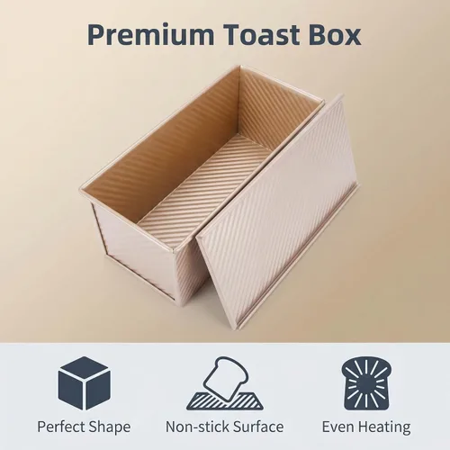 Vista 9 de CANDeal Molde para pan Pullman corrugado dorado con tapa, molde para tostadas comerciales antiadherentes para hornear, juego de latas de acero al