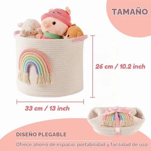 Vista 5 de Cestas de almacenamiento de juguetes cesta de almacenamiento de cuerda de algodón tejida con decoración de arco iris para niños, cestas de manta