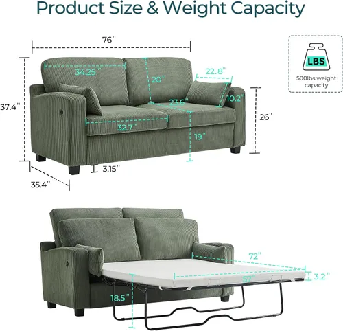 Vista 2 de LINSY HOME Sofá cama extraíble – Sofá cama convertible de dos plazas, sofá cama extraíble con marco de cama mejorado, carga USB y portavasos, sofá