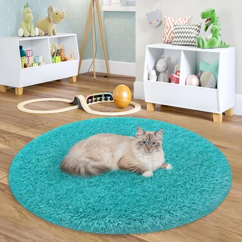 Vista 33 de Alfombra circular pequeña para dormitorio, 2 x 2 pies, color azul, para decoración de habitación de niños, redonda esponjosa para guardería