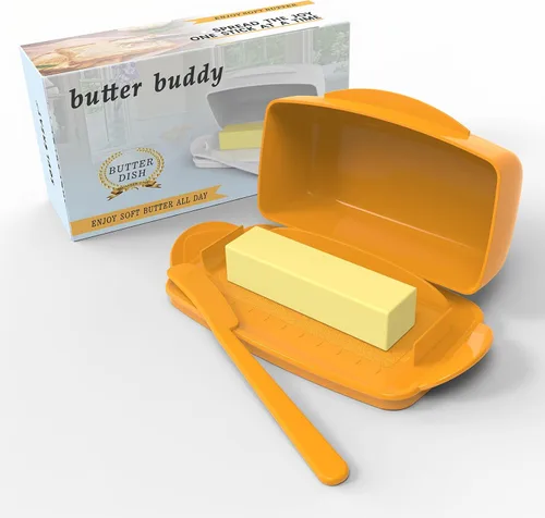 Vista 13 de Mantequilleras con tapa para encimera y refrigerador, plato de mantequilla de plástico transparente con tapa abatible y esparcidor, recipiente
