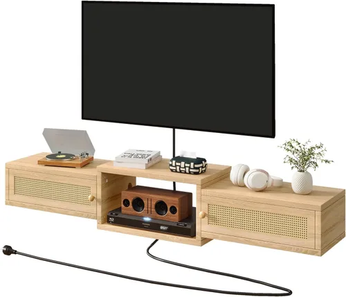 Vista 10 de IBUYKE Soporte flotante moderno de ratán para TV con puertas, estante de TV montado en la pared para televisores de hasta 55 pulgadas, consola