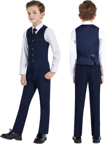 Vista 2 de Plavict Trajes para niños de 5 piezas, cintura ajustable, traje formal para niños con chaqueta, pantalones, chaleco, camisa, corbata y pajarita