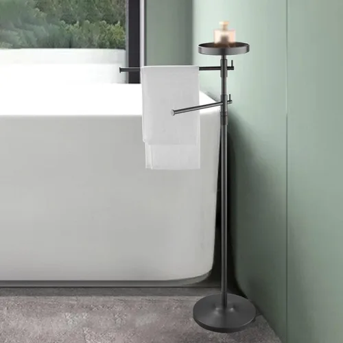 Vista 3 de Toallero de baño independiente sin perforaciones, estante de almacenamiento junto a la bañera, de acero inoxidable, soporte para toallas, color negro
