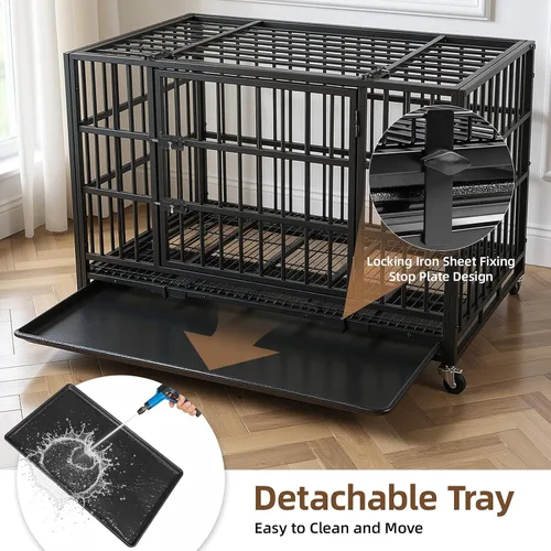 Vista 4 de VOWNER Jaula para perros indestructible de 38 pulgadas, resistente a prueba de escapes, con 4 ruedas bloqueables, jaula para perros de alta ansiedad