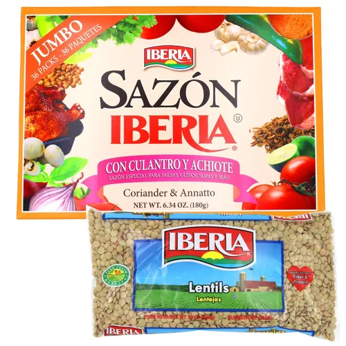 Vista 2 de Iberia Sazon Condimento sin Annatto, 6.34 onzas, paquete de 36 + lentejas Iberia de 12 onzas