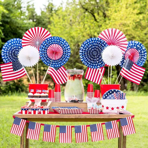 Vista 5 de ALINK Pajitas de papel con bandera estadounidense, rojo, azul y blanco, 100 pajitas biodegradables a rayas/estrellas para el Día de los Caídos, 4