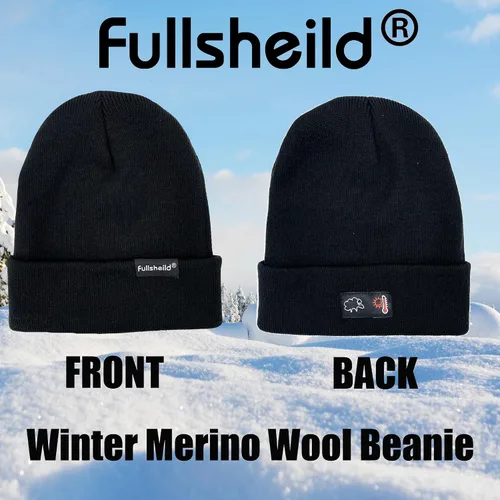 Vista 6 de Gorro de lana merino de punto para hombre y mujer, gorro cálido con puños, para clima frío, esquí, patinaje, negro, talla única
