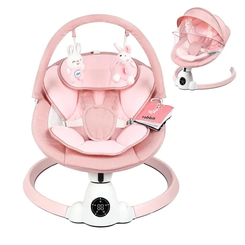 Vista 8 de Columpio eléctrico portátil para bebés con Bluetooth, 5 velocidades, 10 melodías, arnés de 5 puntos, control remoto y panel táctil, columpio Beige